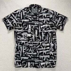 Retro Rifle Button Up Shirt Men's XL Black Gun Print Streetwear Graphic